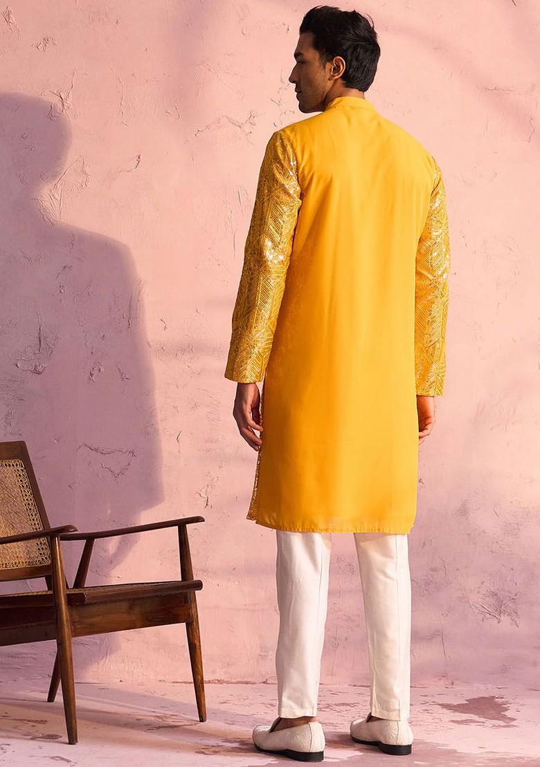Yellow Embellished Poly Blend Kurta Set For Men