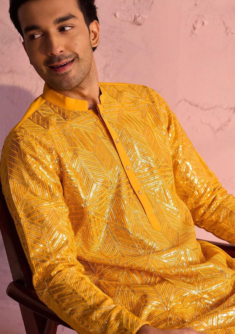 Yellow Embellished Poly Blend Kurta Set For Men