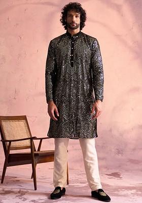 Black Embellished Poly Blend Kurta Set For Men