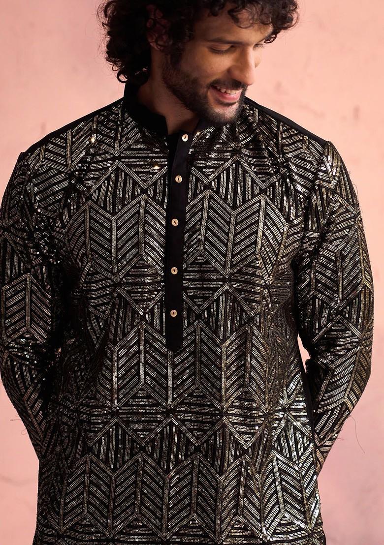 Black Embellished Poly Blend Kurta Set For Men