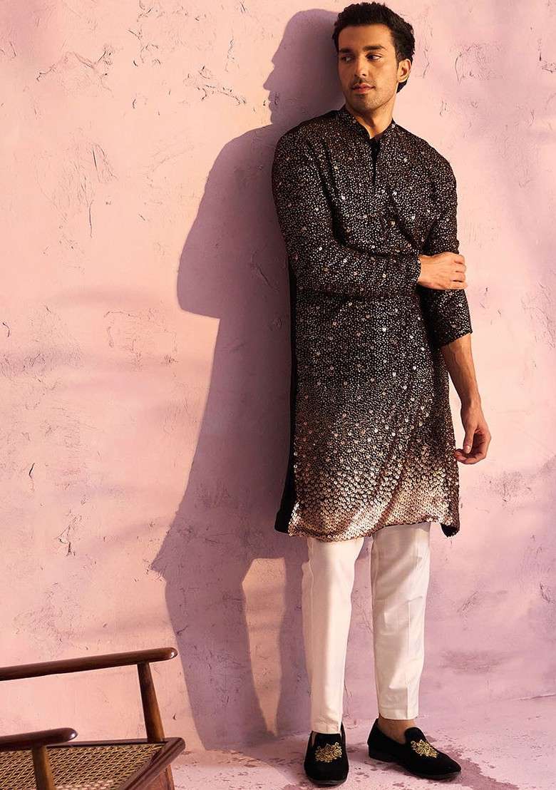 Black Embellished Poly Blend Kurta Set For Men - Indya