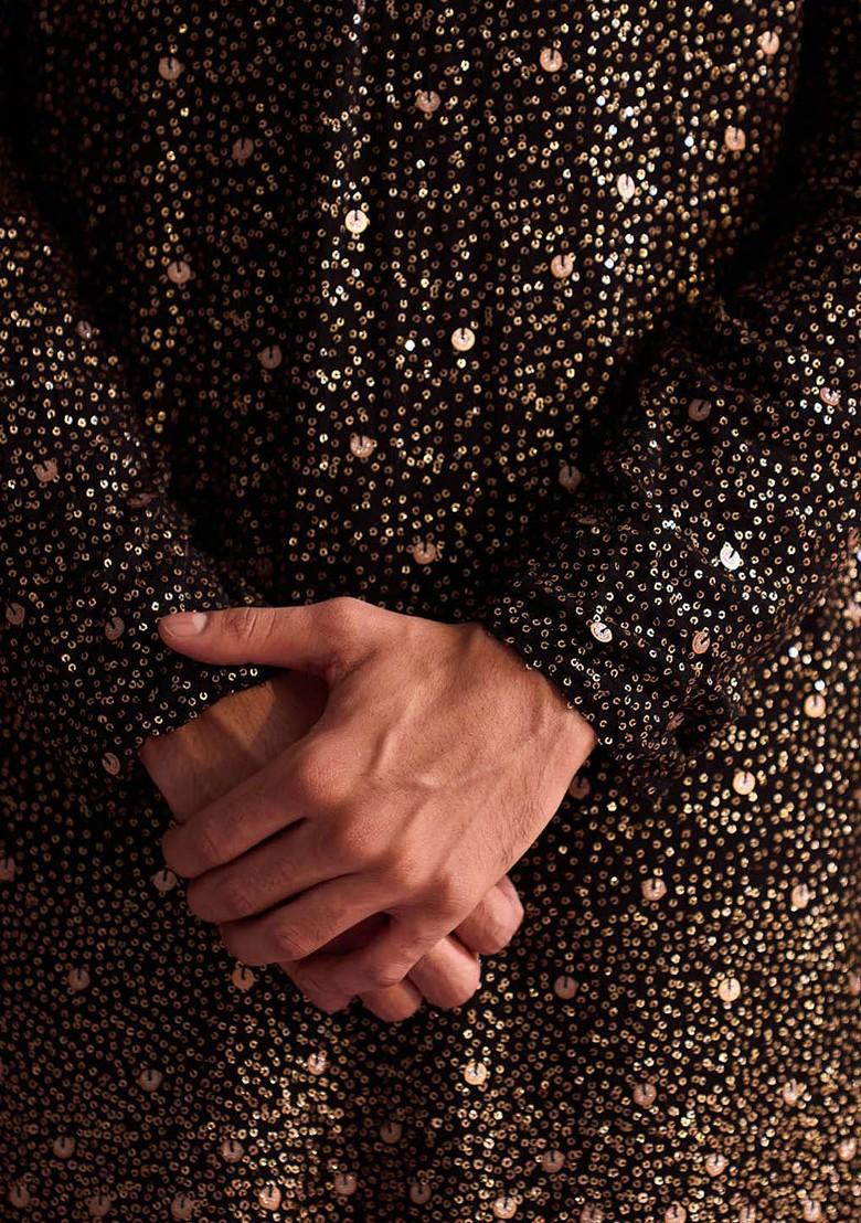 Black Embellished Poly Blend Kurta Set For Men