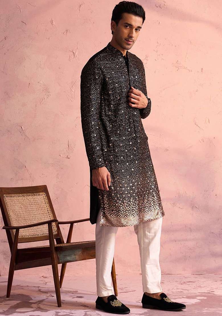 Black Embellished Poly Blend Kurta Set For Men - Indya
