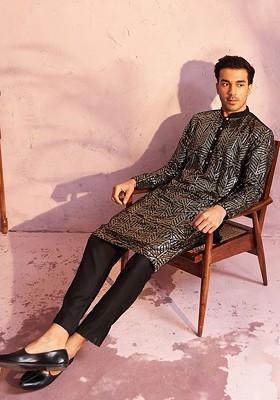 Black Ethnic Motifs Poly Blend Kurta Set For Men