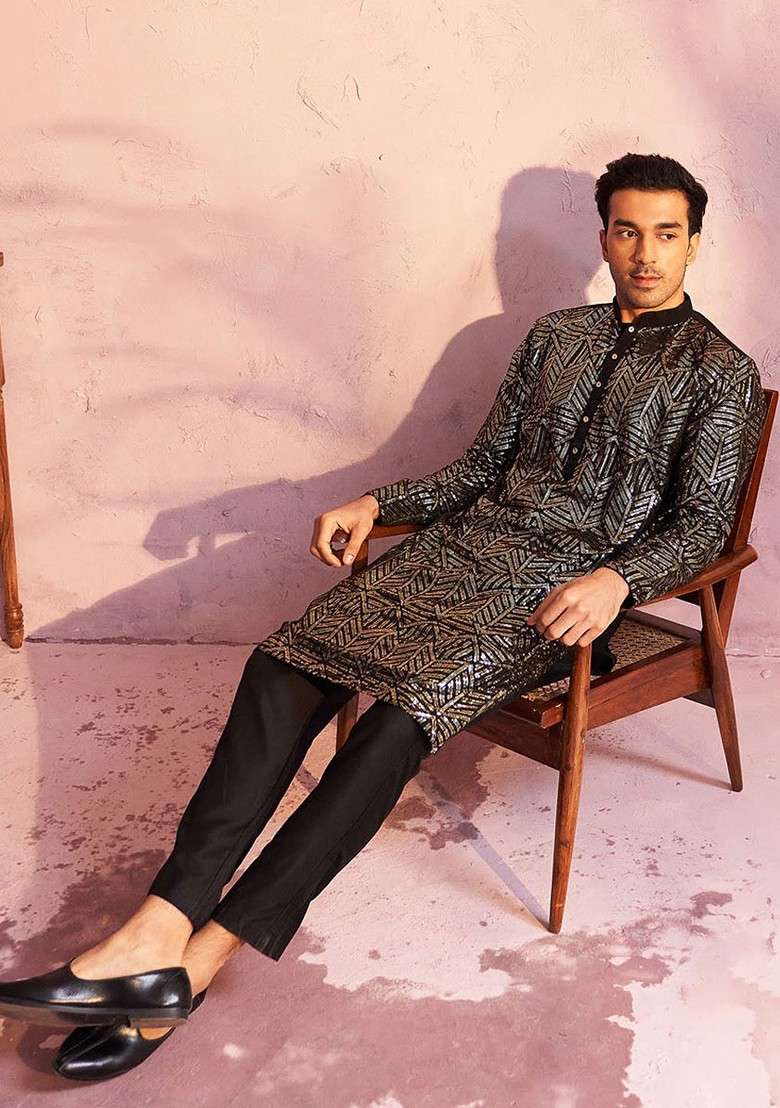 Black Ethnic Motifs Poly Blend Kurta Set For Men - Indya