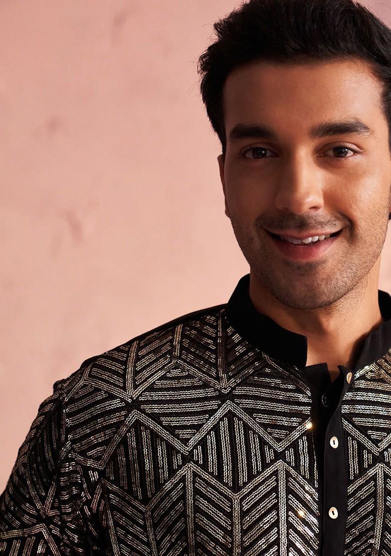 Black Ethnic Motifs Poly Blend Kurta Set For Men
