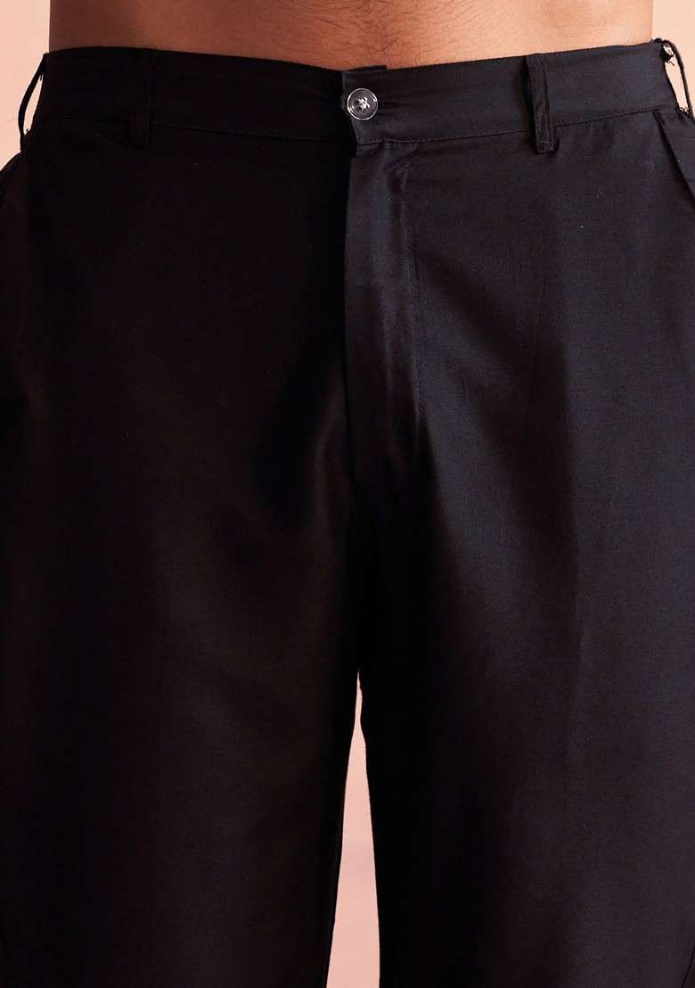Black Ethnic Motifs Poly Blend Kurta Set For Men - Indya