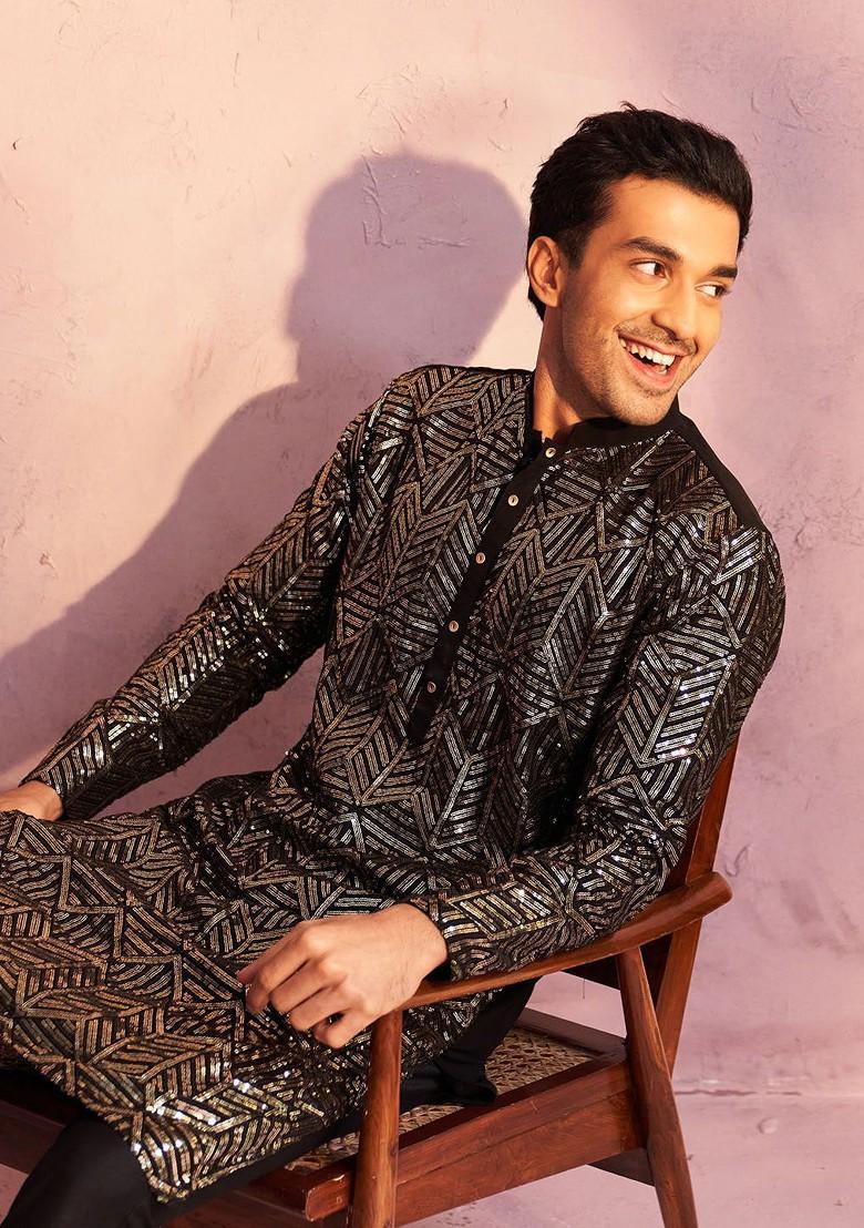 Black Ethnic Motifs Poly Blend Kurta Set For Men
