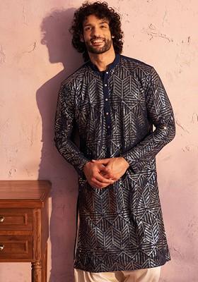 Navy Blue Embellished Georgette Kurta Set For Men