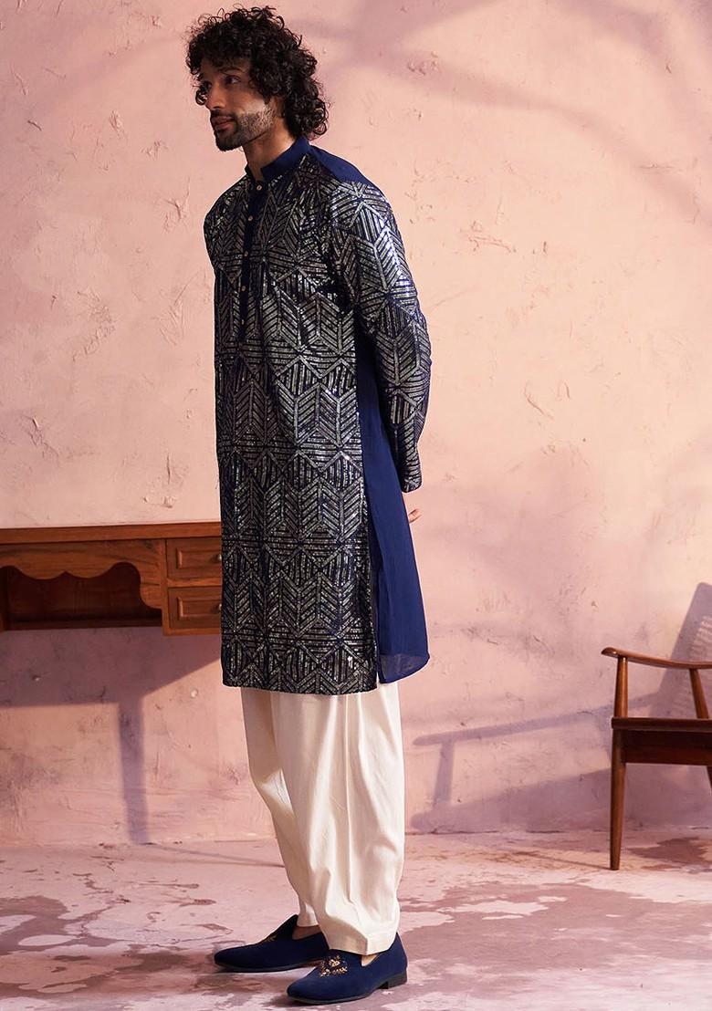 Navy Blue Embellished Georgette Kurta Set For Men