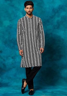 Black Embroidered Cotton Kurta Set For Men