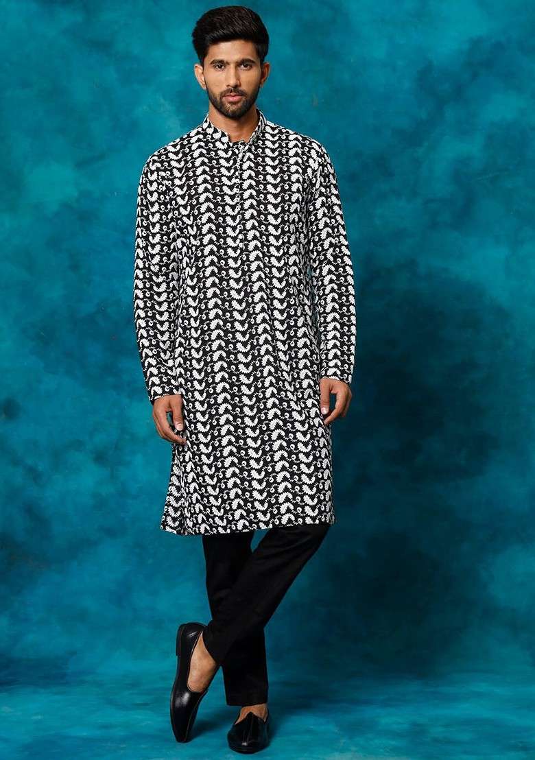 Black Embroidered Cotton Kurta Set For Men - Indya