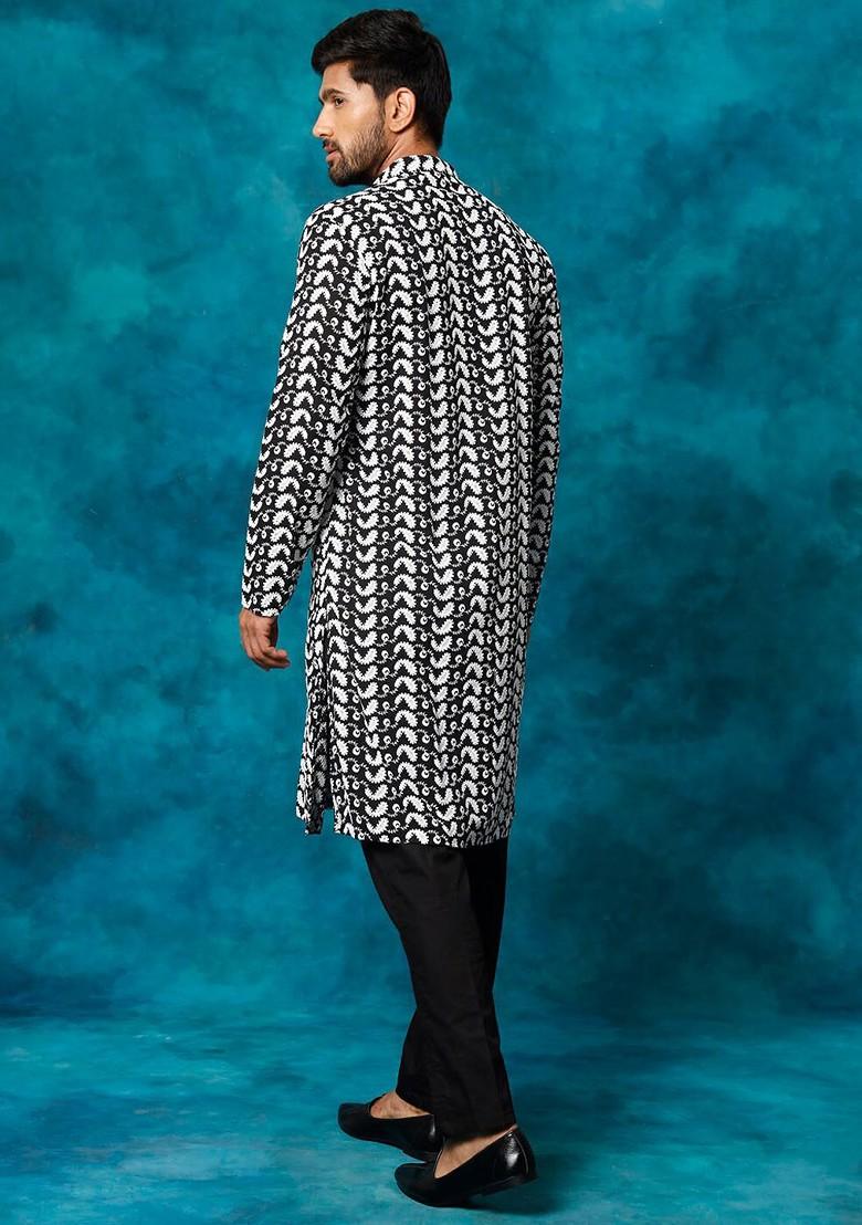 Black Embroidered Cotton Kurta Set For Men