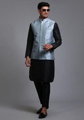 Black Sequin Work Poly Blend Kurta Set For Men