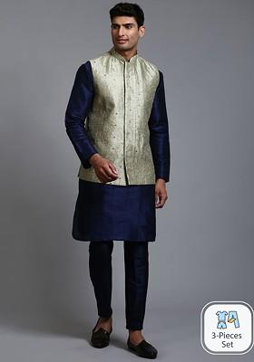 Navy Blue Sequin Work Poly Blend Kurta Set For Men