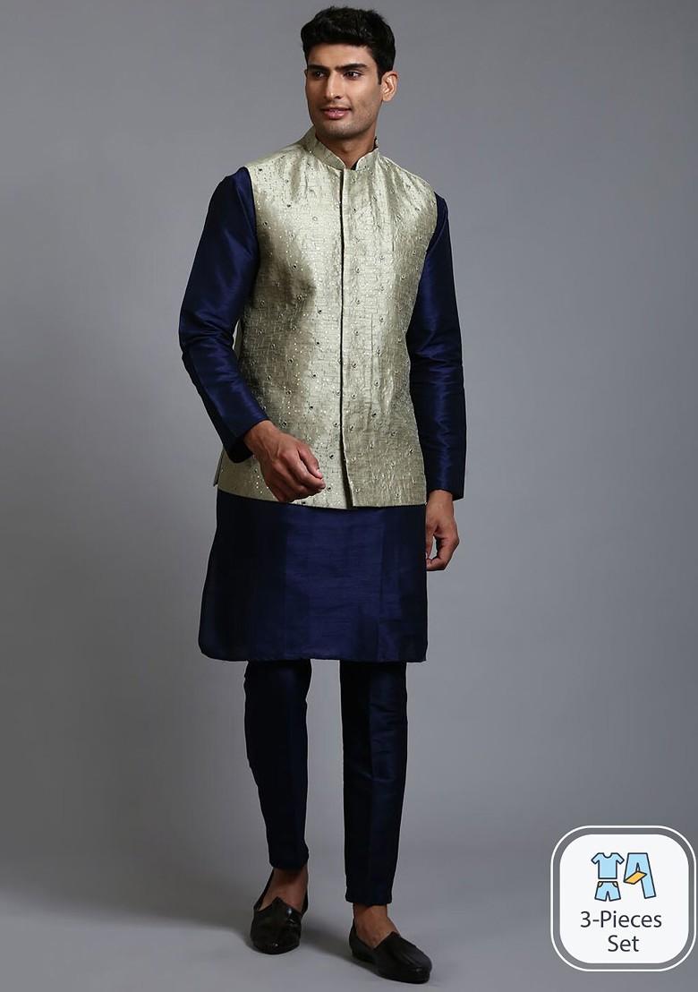 Navy Blue Sequin Work Poly Blend Kurta Set For Men