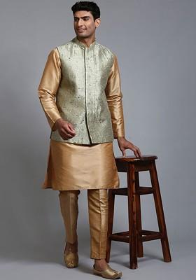 Rose Gold Sequin Work Poly Blend Kurta Set For Men