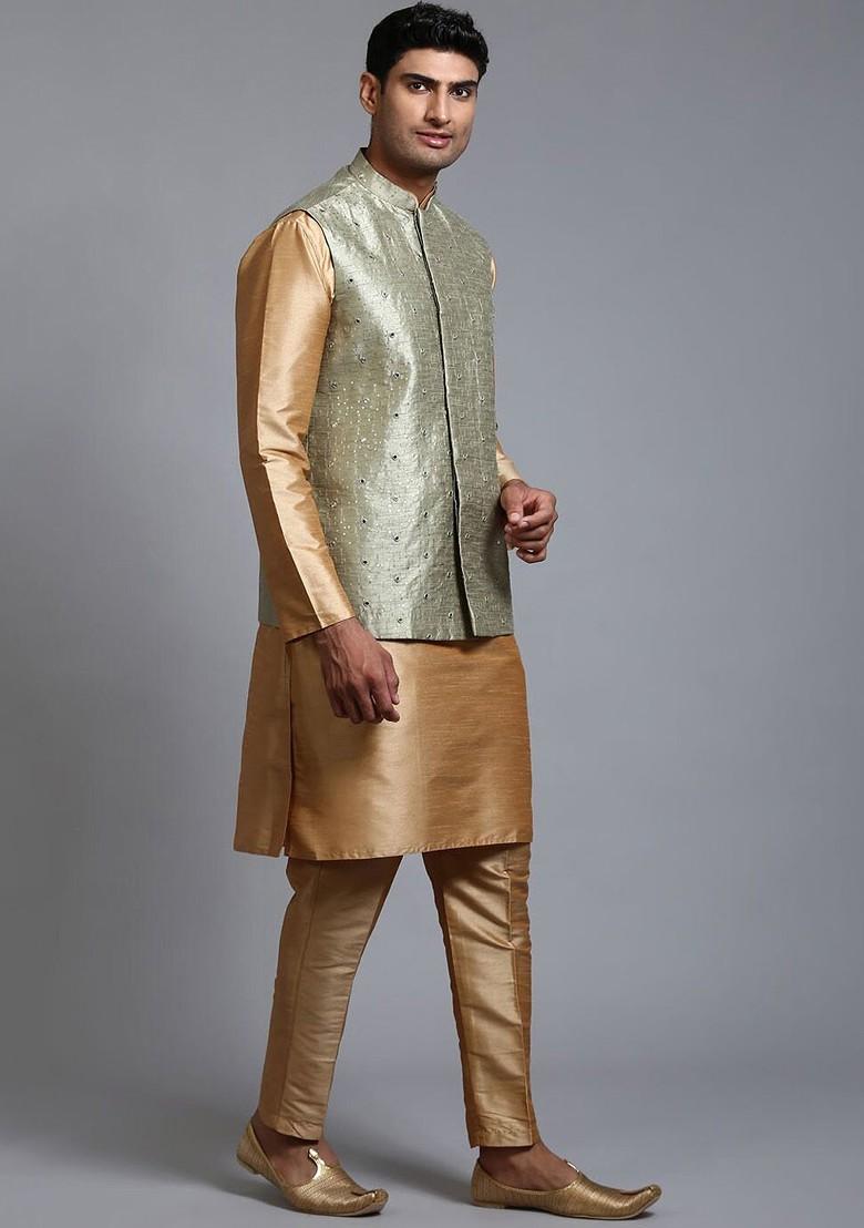 Rose Gold Sequin Work Poly Blend Kurta Set For Men