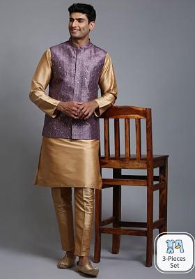 Gold Sequin Work Poly Blend Kurta Set For Men