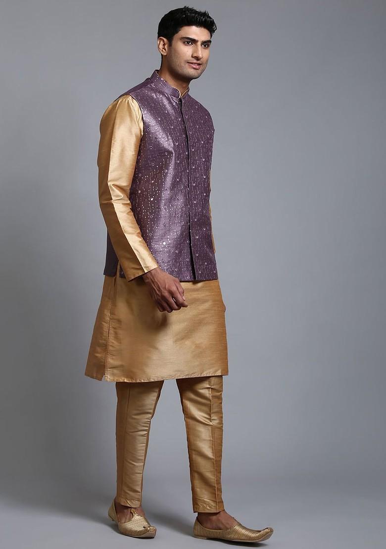 Gold Sequin Work Poly Blend Kurta Set For Men