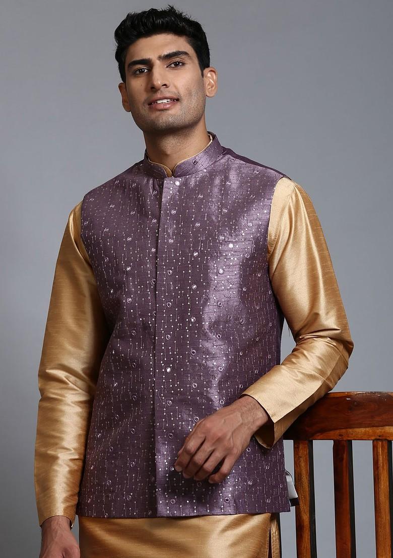 Gold Sequin Work Poly Blend Kurta Set For Men