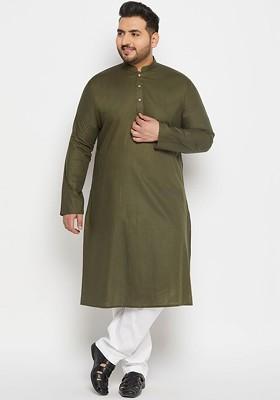 Olive Solid Poly Blend Kurta Set For Men