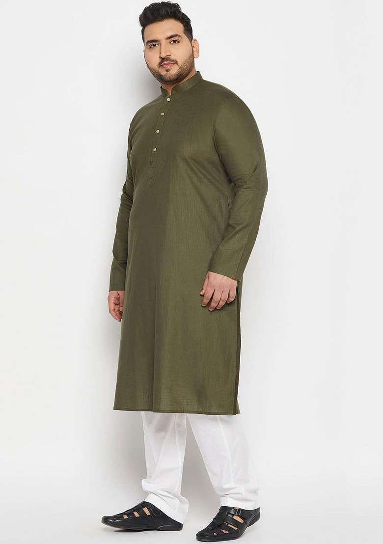 Olive Solid Poly Blend Kurta Set For Men - Indya