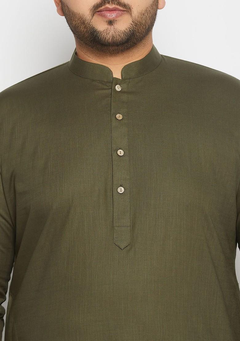 Olive Solid Poly Blend Kurta Set For Men
