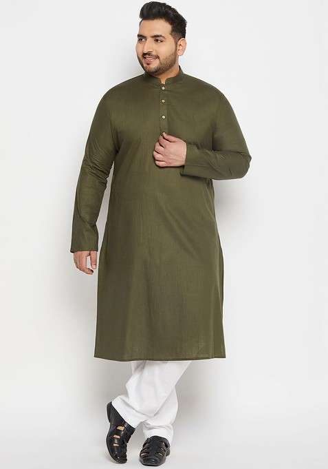 Olive Solid Poly Blend Kurta Set For Men