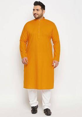 Orange Solid Poly Blend Kurta Set For Men