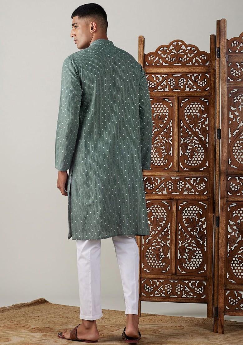 Green Ethnic Motifs Cotton Kurta Set For Men