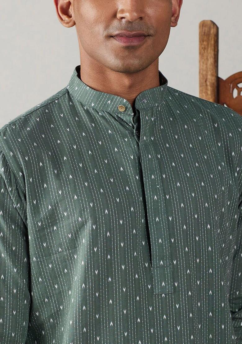 Green Ethnic Motifs Cotton Kurta Set For Men