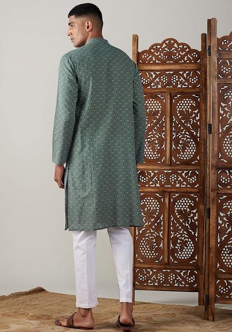 Green Ethnic Motifs Cotton Kurta Set For Men