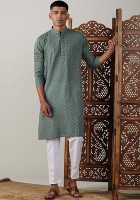 Green Woven Poly Blend Kurta Set For Men