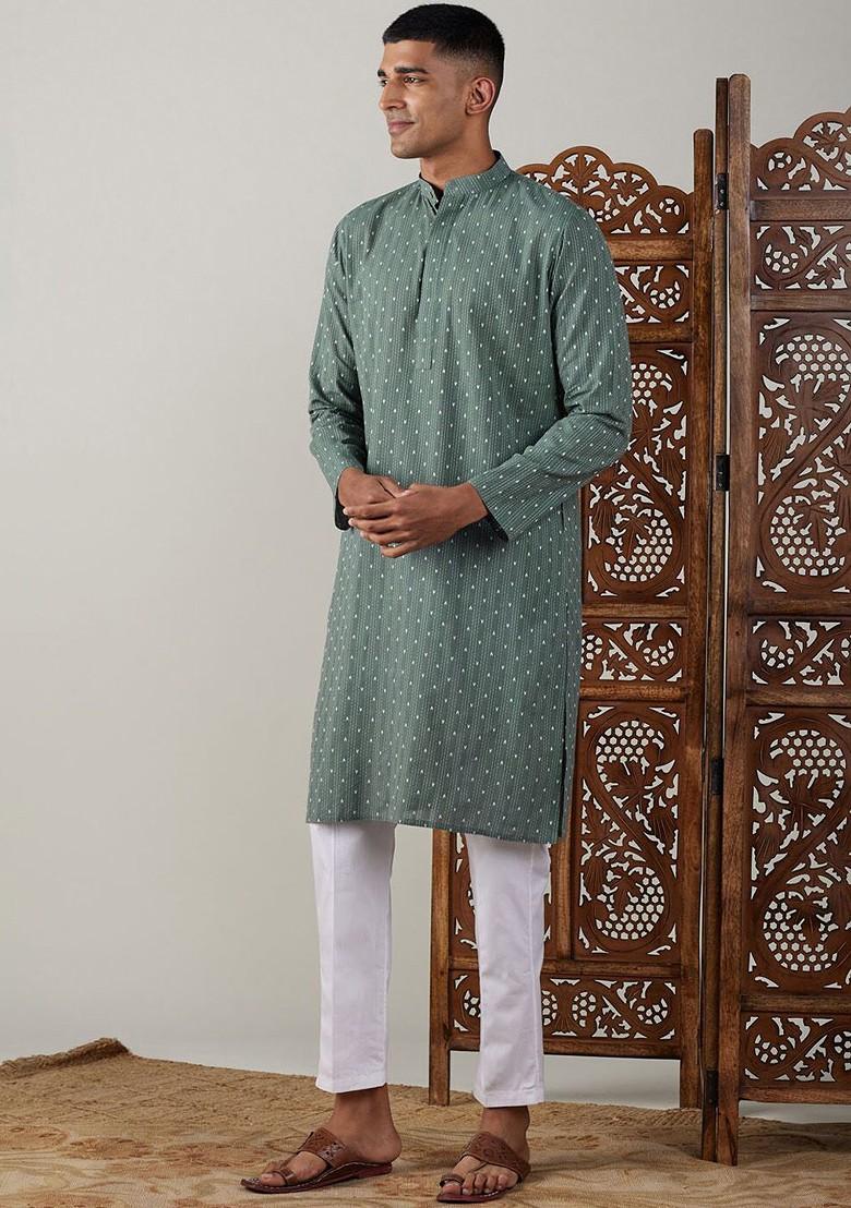 Green Woven Poly Blend Kurta Set For Men