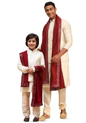 Cream Mirror Work Poly Blend Kurta Set For Men