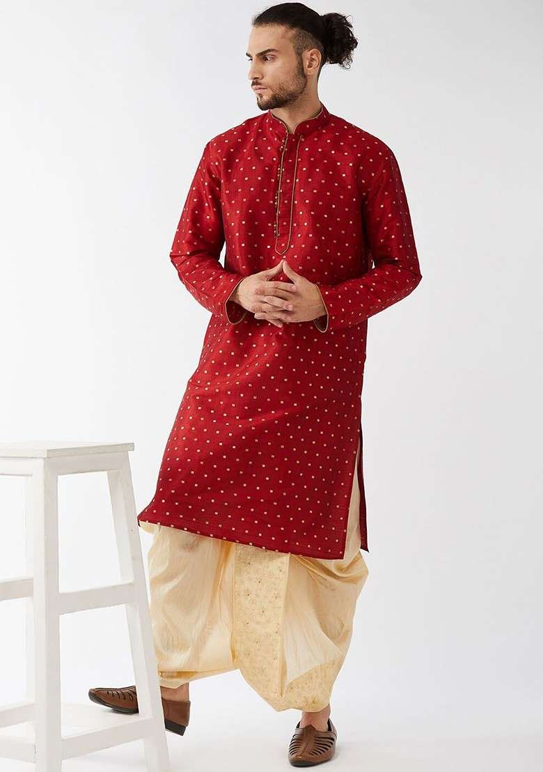 Maroon Woven Poly Blend Kurta Set For Men - Indya