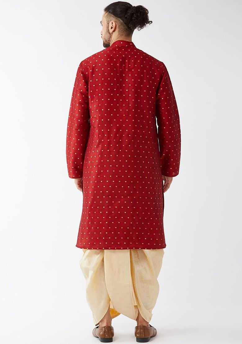 Maroon Woven Poly Blend Kurta Set For Men