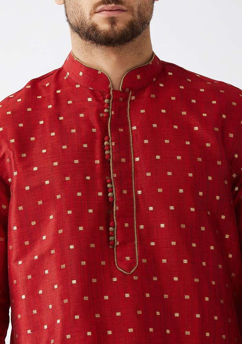 Maroon Woven Poly Blend Kurta Set For Men - Indya