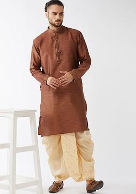 Maroon Woven Poly Blend Kurta Set For Men