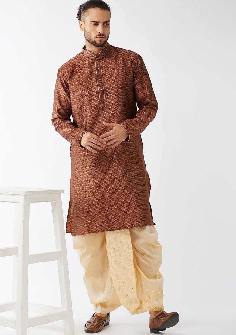 Maroon Woven Poly Blend Kurta Set For Men