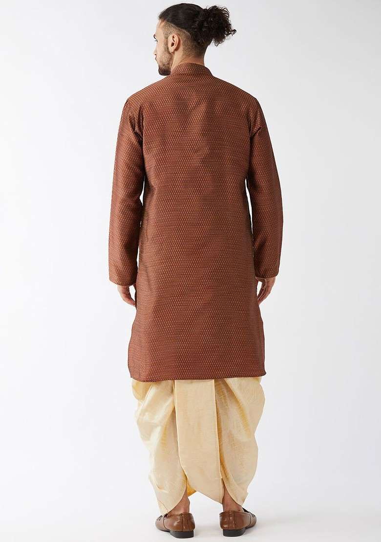 Maroon Woven Poly Blend Kurta Set For Men - Indya