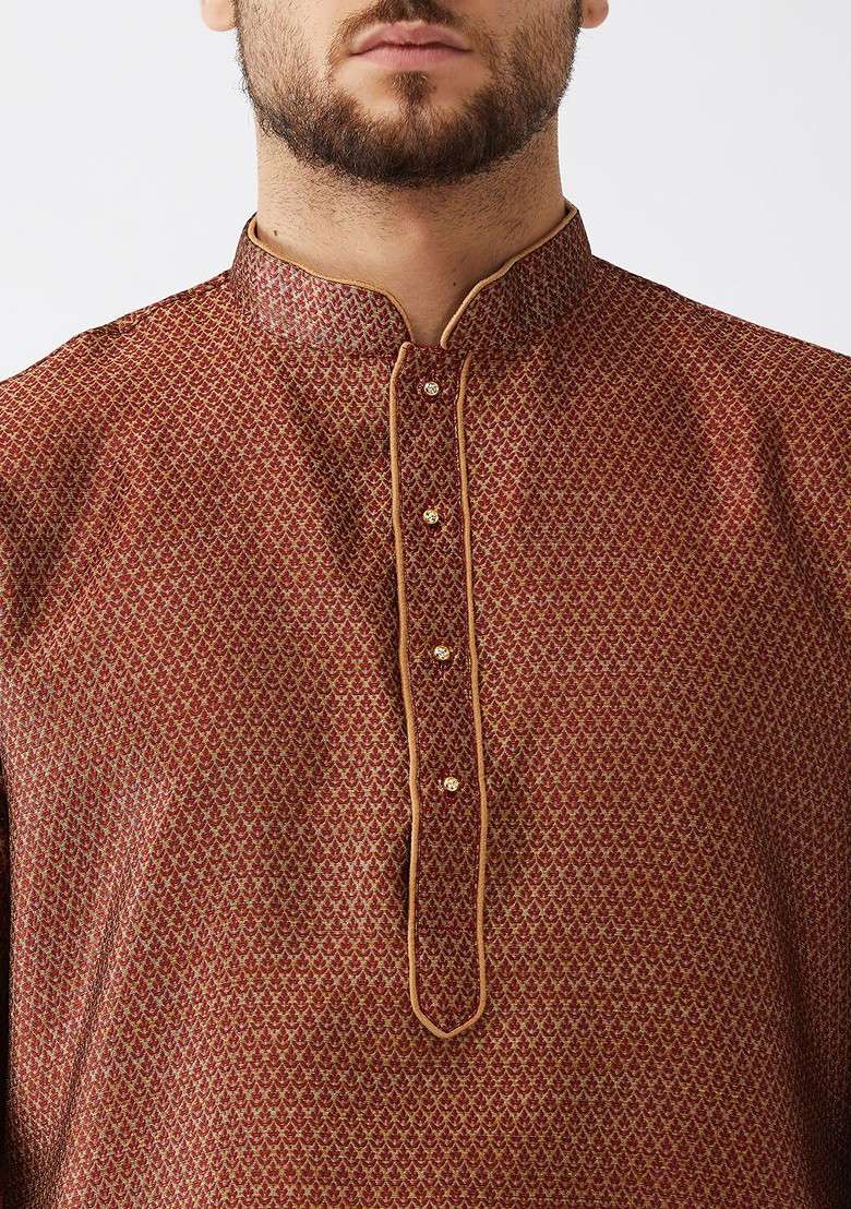 Maroon Woven Poly Blend Kurta Set For Men - Indya