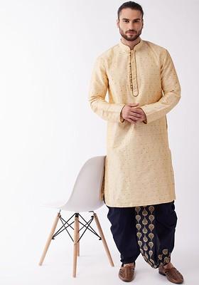 Gold Woven Poly Blend Kurta Set For Men
