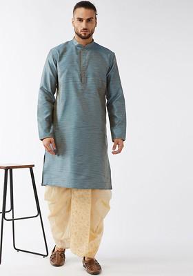 Blue Woven Poly Blend Kurta Set For Men