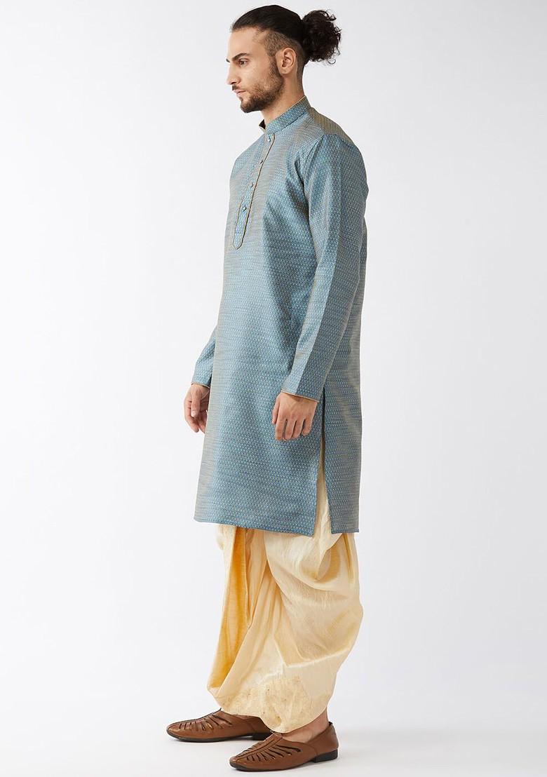 Blue Woven Poly Blend Kurta Set For Men