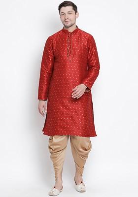 Maroon Solid Poly Blend Kurta Set For Men