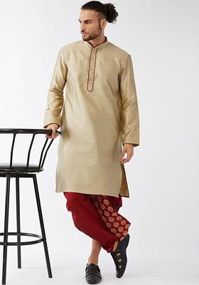 Beige Woven Poly Blend Kurta Set For Men