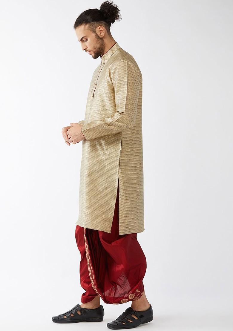 Beige Woven Poly Blend Kurta Set For Men