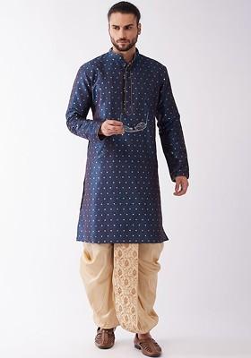 Blue Woven Poly Blend Kurta Set For Men